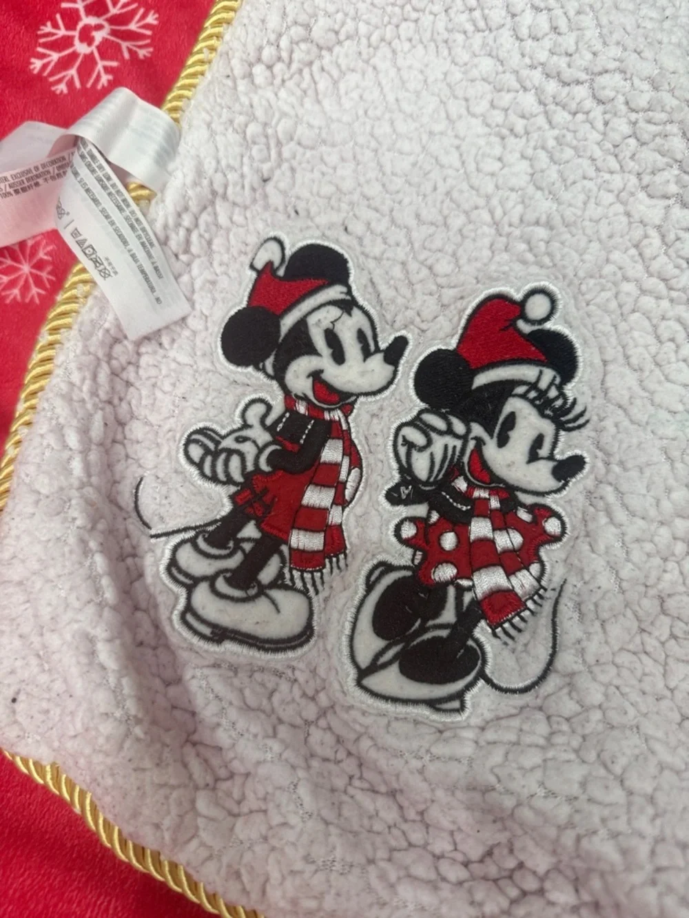 Red fleece Snowflake Holiday Blanket with Minnie and Mickey Embroidery 52x42